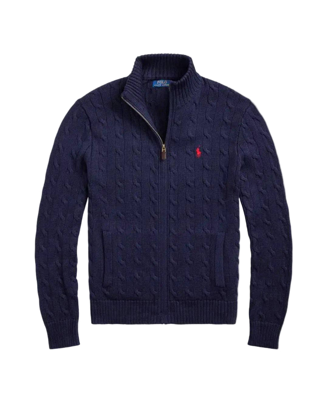 Cable-Knit Cotton Full-Zip Sweater Navy blue