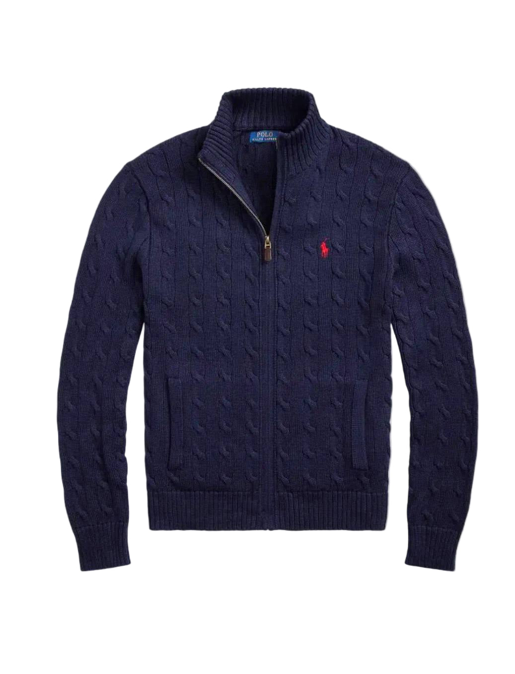 Cable-Knit Cotton Full-Zip Sweater Navy blue
