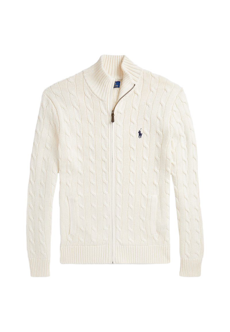 Cable-Knit Cotton Full-Zip Sweater White